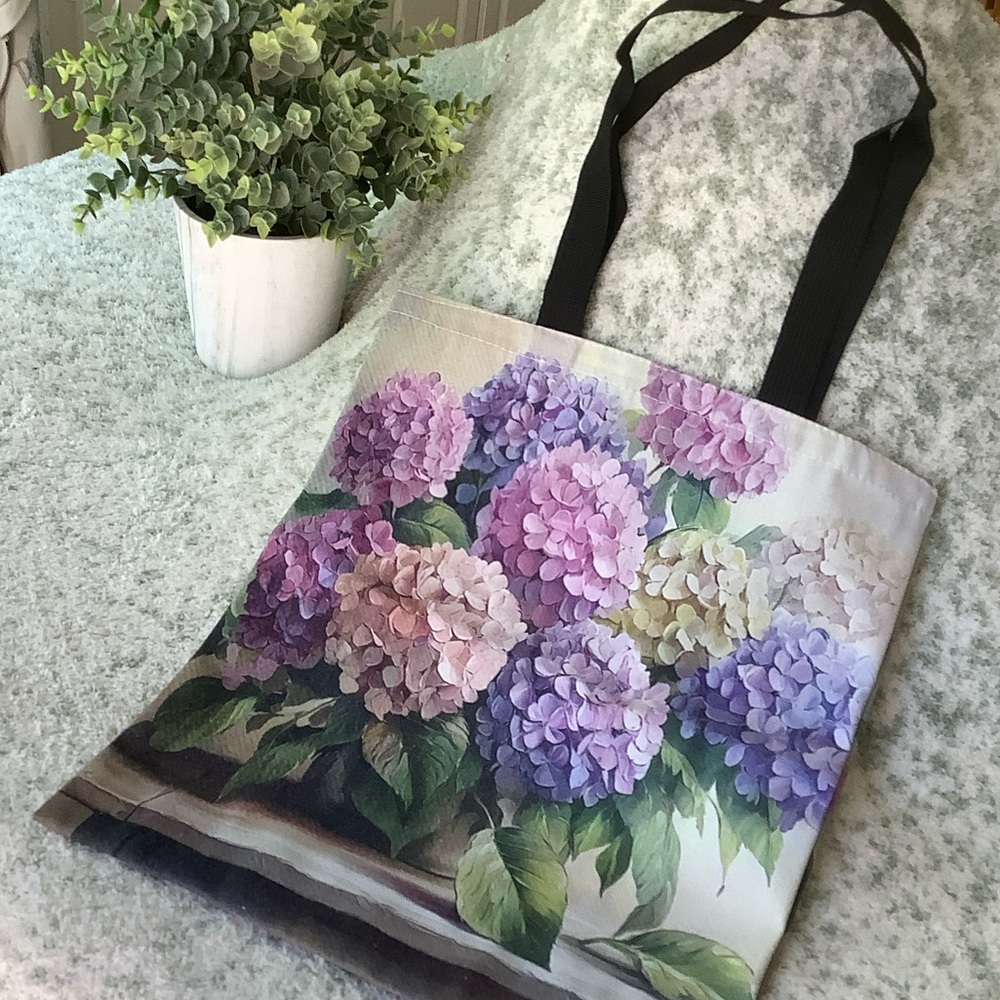 Floral Hydrangea Cotton Canvas Tote Bag - Purple/Pink Hydrangea NWT 12.75x15”